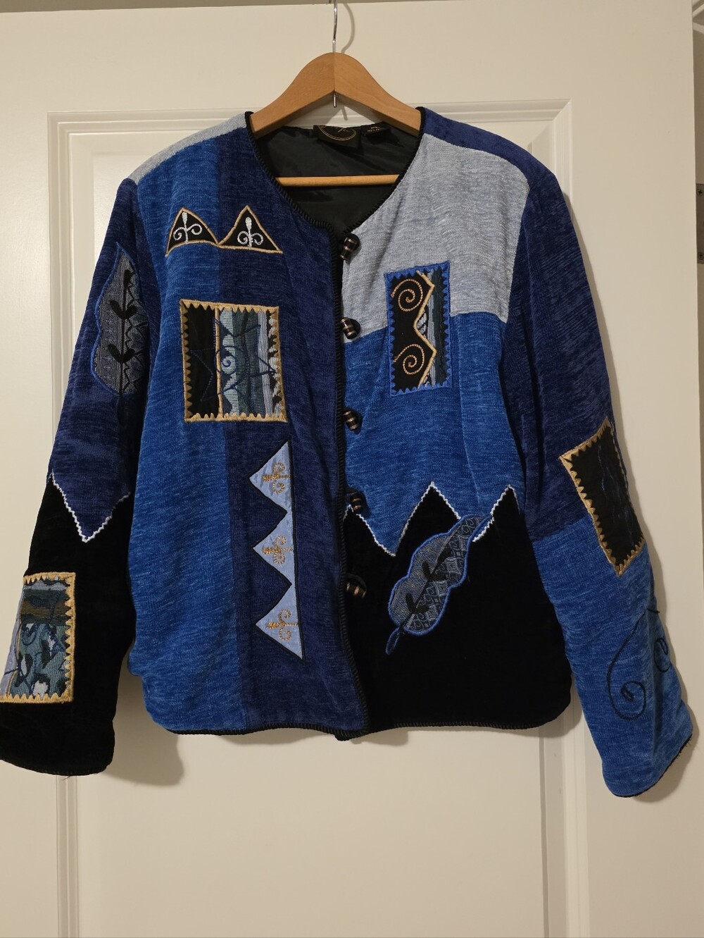 Vintage Pacthwork Embroidered Tapestry Jacket Womens L Celestial Boho Julia Kim